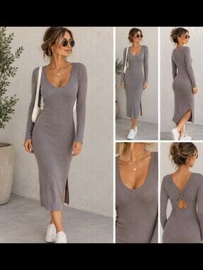 Freshman 1996 Women’s Taupe Ribbed Twist-Back Midi Dress